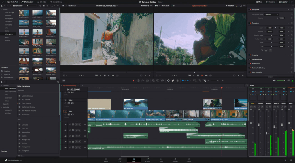 Ukážka nástroja DaVinci Resolve a jeho možností na editovanie a úpravu videa.
