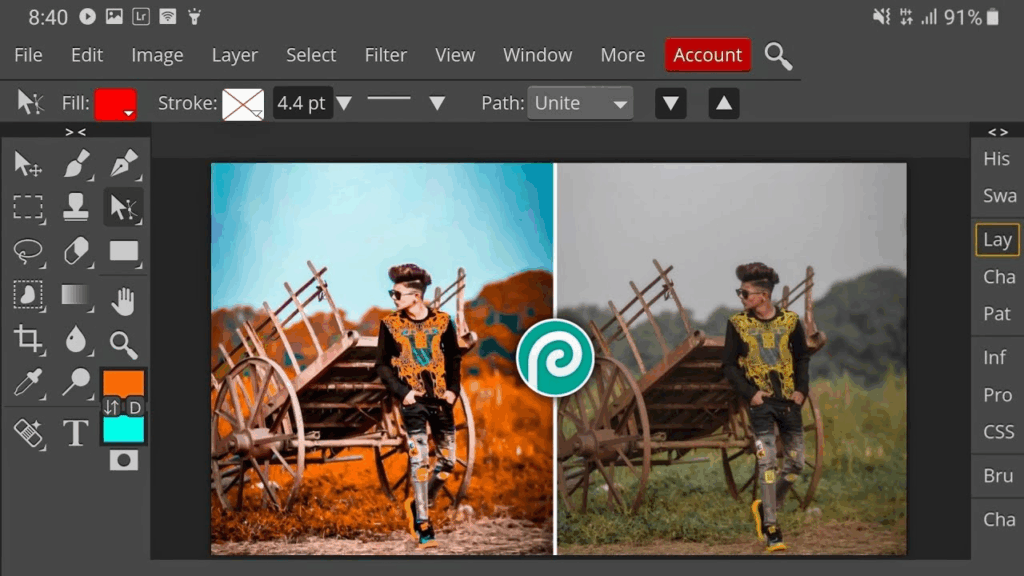 Užívateľské prostredie nástroja Photopea, kde môže užívateľ upravovať svoje fotky.